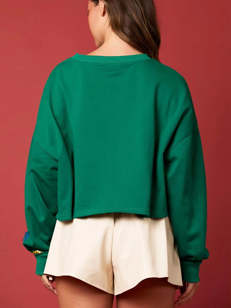 Casual Bell Sequin Long Sleeve Short Christmas Sweatshirt Tops