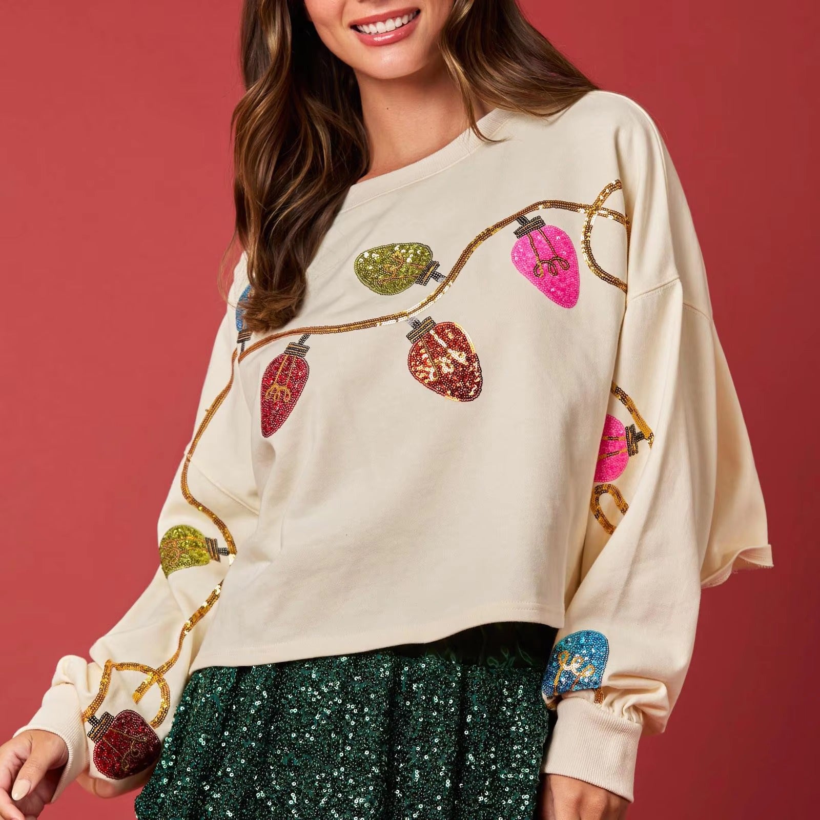 Casual Bell Sequin Long Sleeve Short Christmas Sweatshirt Tops