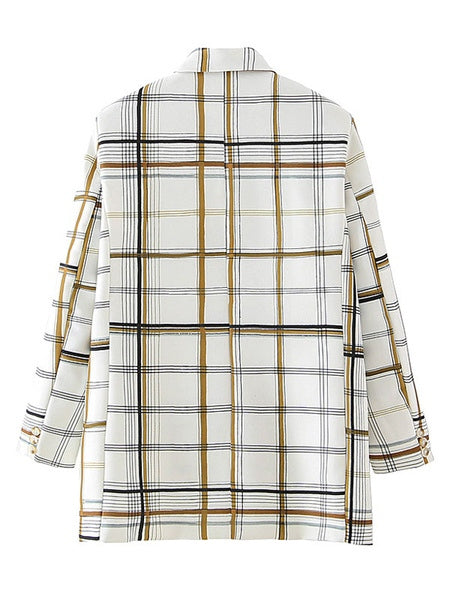 Casual Blazer Plaid Turndown Collar Long Sleeve Double Breasted Jackets