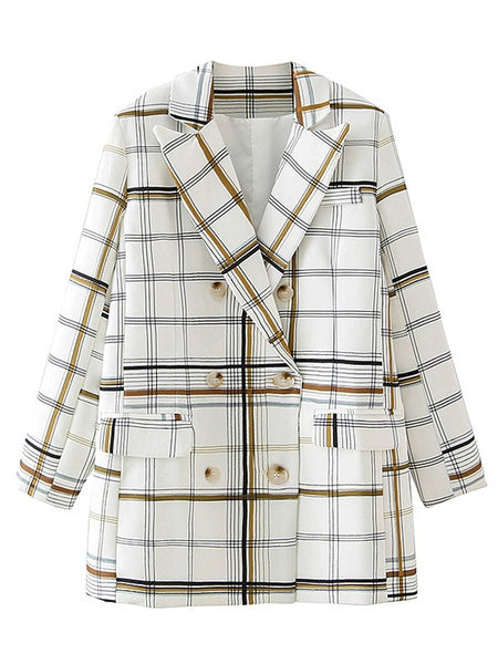 Casual Blazer Plaid Turndown Collar Long Sleeve Double Breasted Jackets