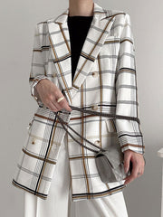 Casual Blazer Plaid Turndown Collar Long Sleeve Double Breasted Jackets