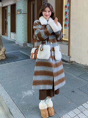 Casual Blocked Lamb With Pockets Wool Patchwork Retro Striped Woolen Coat