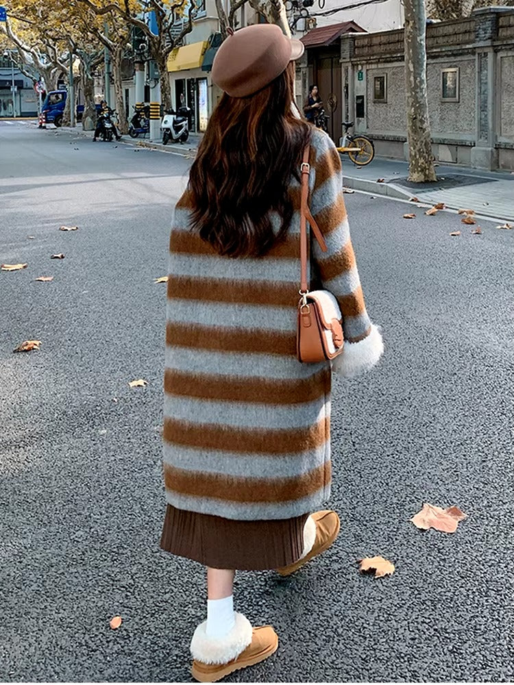 Casual Blocked Lamb With Pockets Wool Patchwork Retro Striped Woolen Coat