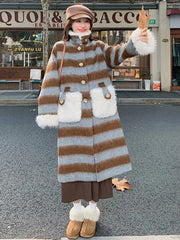 Casual Blocked Lamb With Pockets Wool Patchwork Retro Striped Woolen Coat