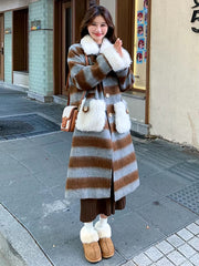 Casual Blocked Lamb With Pockets Wool Patchwork Retro Striped Woolen Coat