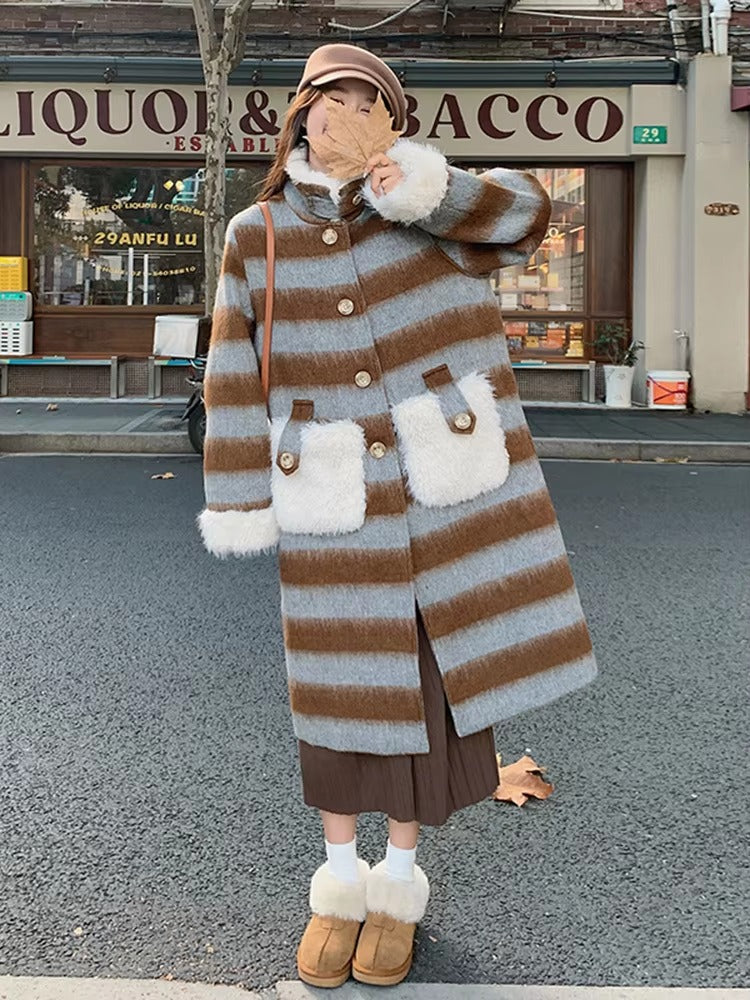 Casual Blocked Lamb With Pockets Wool Patchwork Retro Striped Woolen Coat