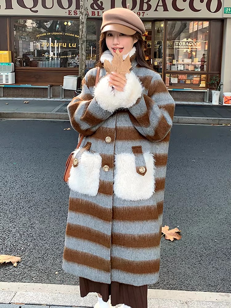 Casual Blocked Lamb With Pockets Wool Patchwork Retro Striped Woolen Coat