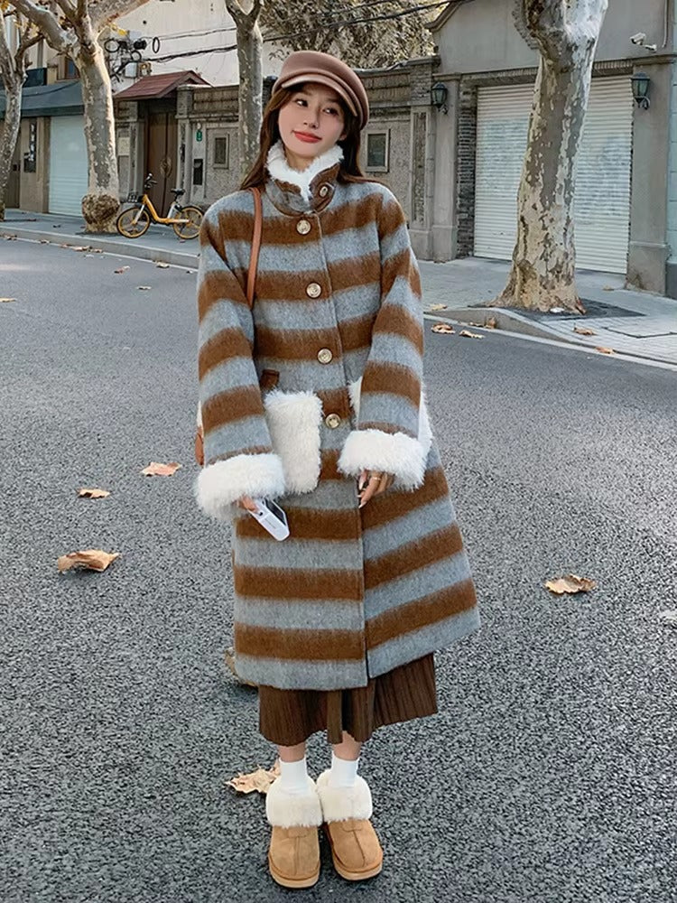 Casual Blocked Lamb With Pockets Wool Patchwork Retro Striped Woolen Coat