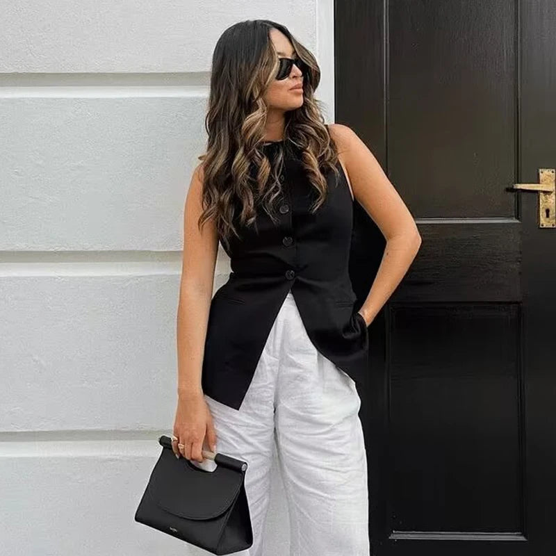 Casual Button Standard Single breasted Streetwear Sleeveless Jacket