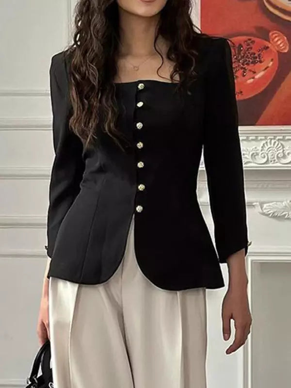 Casual Buttons Slim Fit Square Neck Button-Up Blazer Jacket
