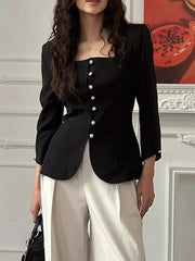 Casual Buttons Slim Fit Square Neck Button-Up Blazer Jacket