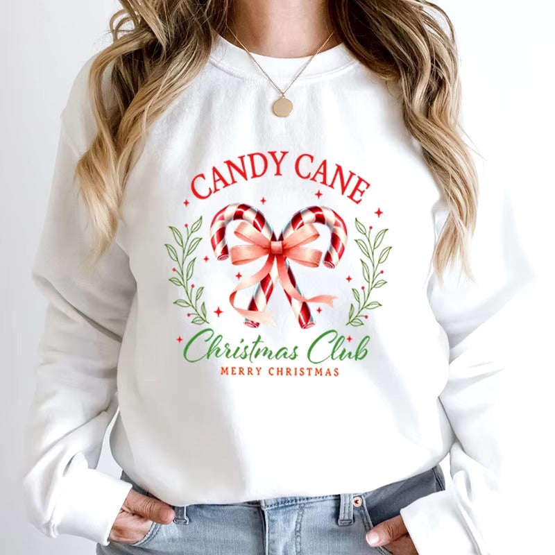 Casual Candy Cane Christmas Print Pullovers Loose Hoodless