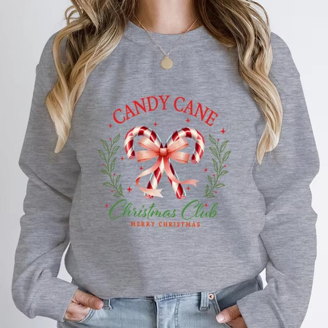 Casual Candy Cane Christmas Print Pullovers Loose Hoodless