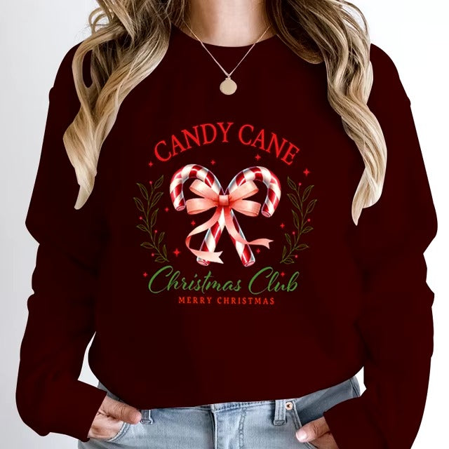 Casual Candy Cane Christmas Print Pullovers Loose Hoodless