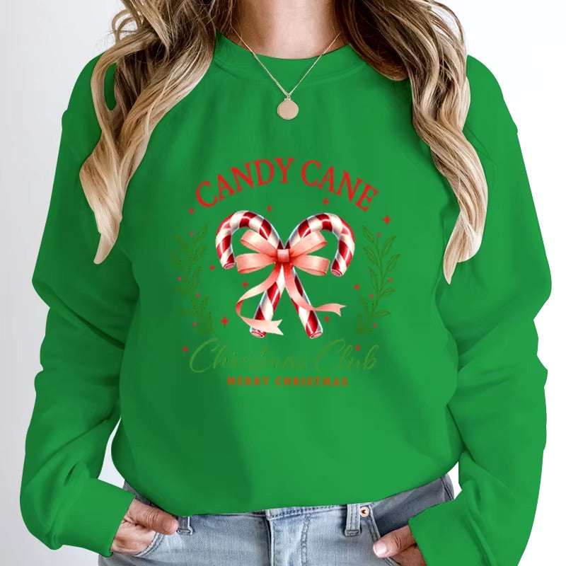 Casual Candy Cane Christmas Print Pullovers Loose Hoodless