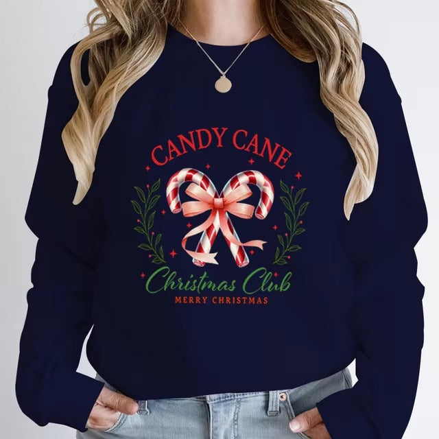 Casual Candy Cane Christmas Print Pullovers Loose Hoodless