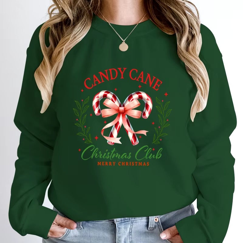 Casual Candy Cane Christmas Print Pullovers Loose Hoodless