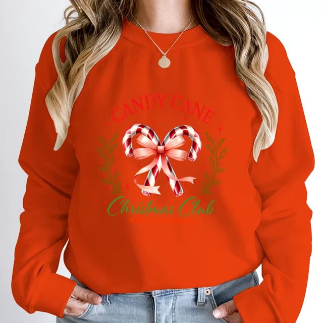 Casual Candy Cane Christmas Print Pullovers Loose Hoodless