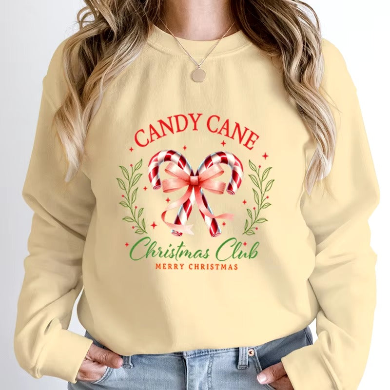 Casual Candy Cane Christmas Print Pullovers Loose Hoodless
