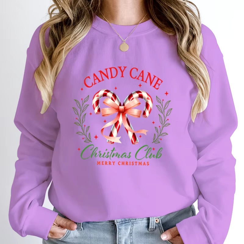 Casual Candy Cane Christmas Print Pullovers Loose Hoodless