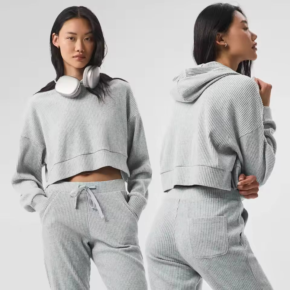 Casual Comfortable Short Waist Hooded Sweatshirt And Pant Two-piece Set