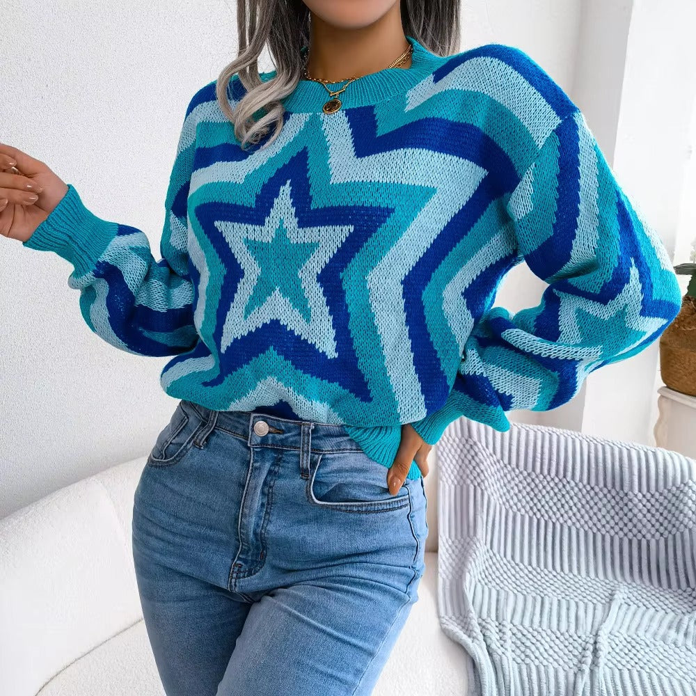 Casual Contrast Star Long Sleeve Pullover O Neck Acrylic Knitted Slim Sweater