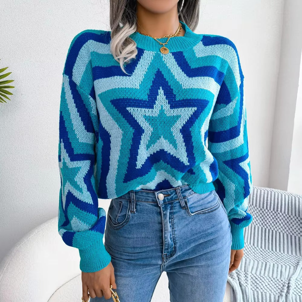 Casual Contrast Star Long Sleeve Pullover O Neck Acrylic Knitted Slim Sweater