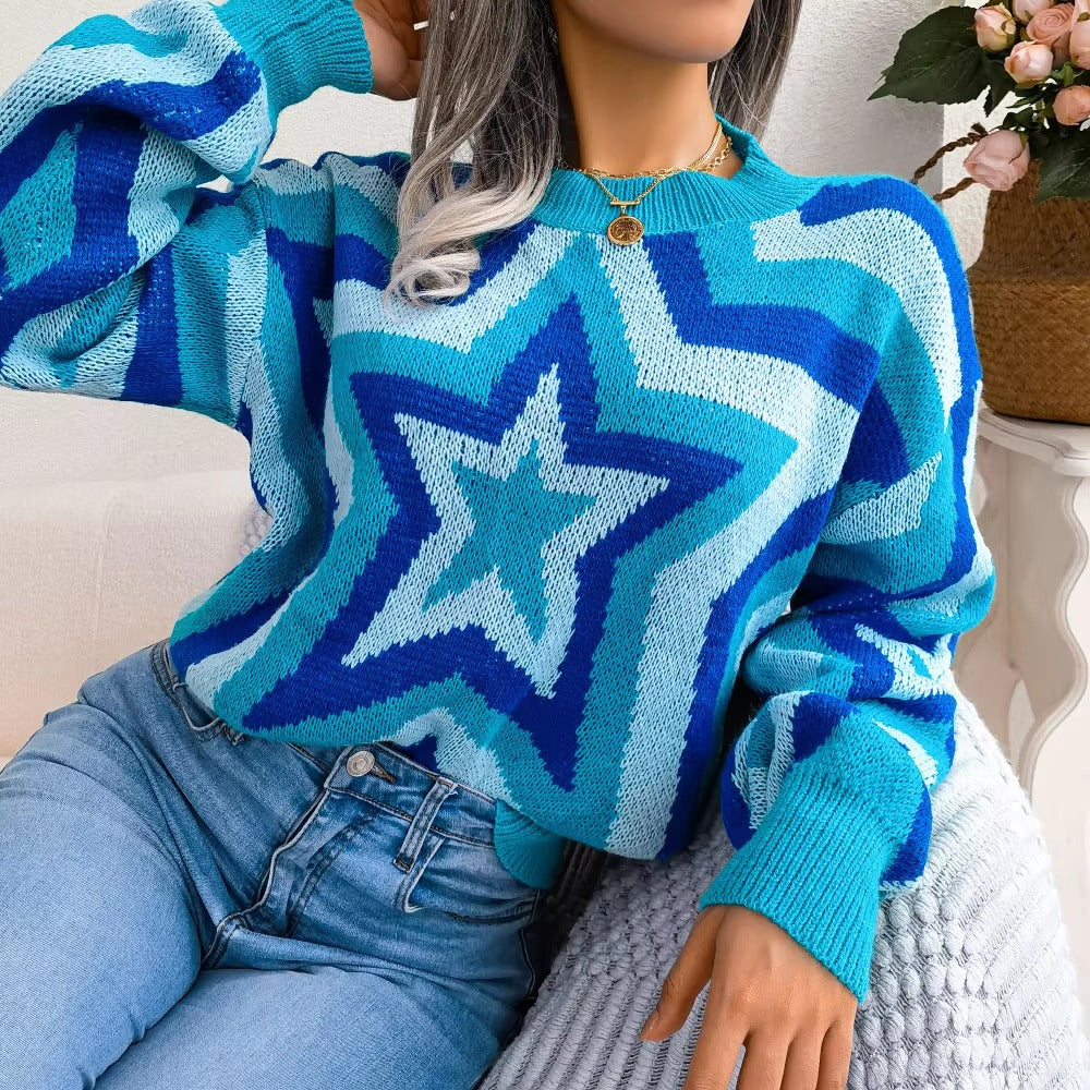 Casual Contrast Star Long Sleeve Pullover O Neck Acrylic Knitted Slim Sweater