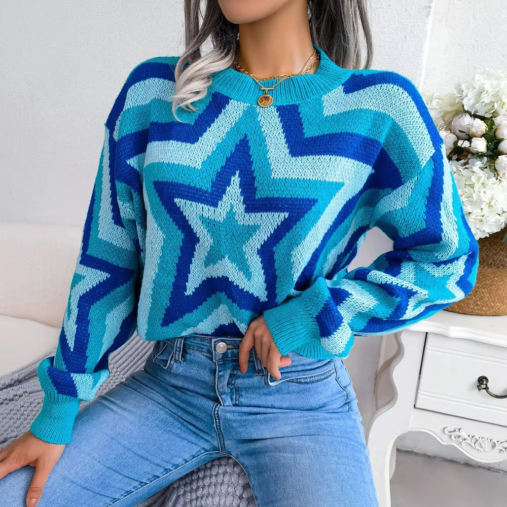 Casual Contrast Star Long Sleeve Pullover O Neck Acrylic Knitted Slim Sweater