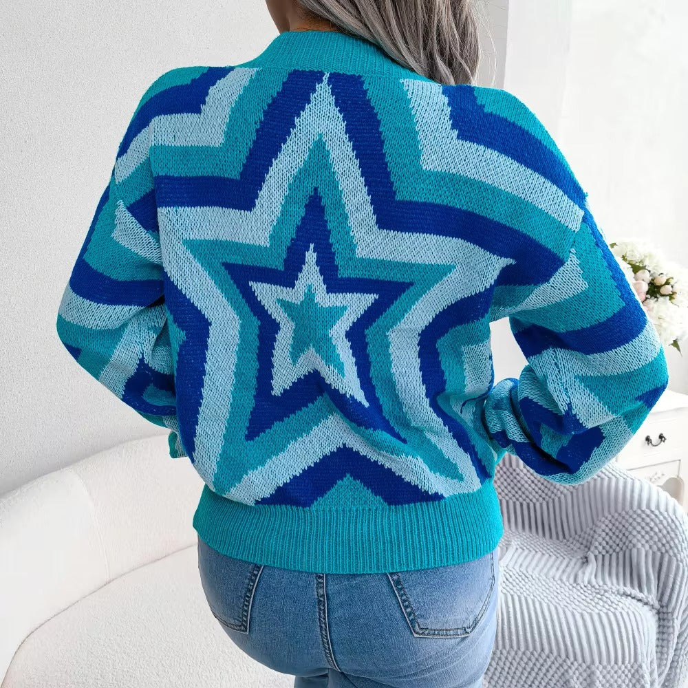 Casual Contrast Star Long Sleeve Pullover O Neck Acrylic Knitted Slim Sweater