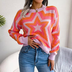 Casual Contrast Star Long Sleeve Pullover O Neck Acrylic Knitted Slim Sweater