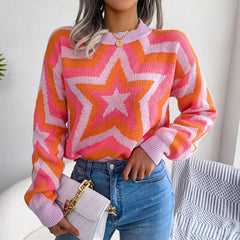 Casual Contrast Star Long Sleeve Pullover O Neck Acrylic Knitted Slim Sweater