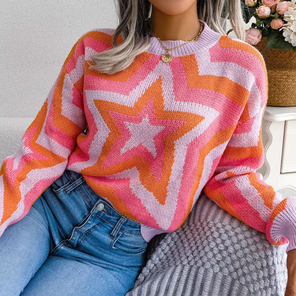 Casual Contrast Star Long Sleeve Pullover O Neck Acrylic Knitted Slim Sweater