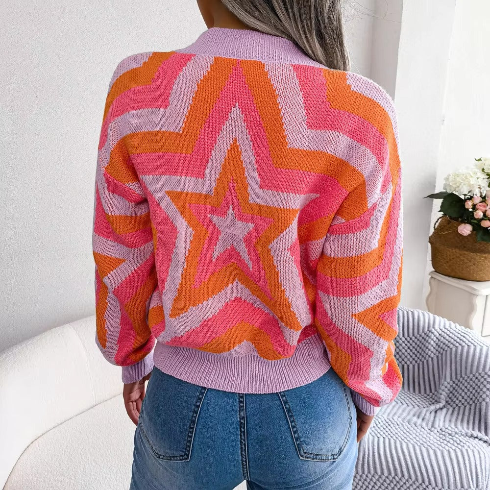 Casual Contrast Star Long Sleeve Pullover O Neck Acrylic Knitted Slim Sweater