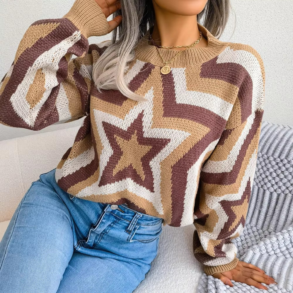 Casual Contrast Star Long Sleeve Pullover O Neck Acrylic Knitted Slim Sweater