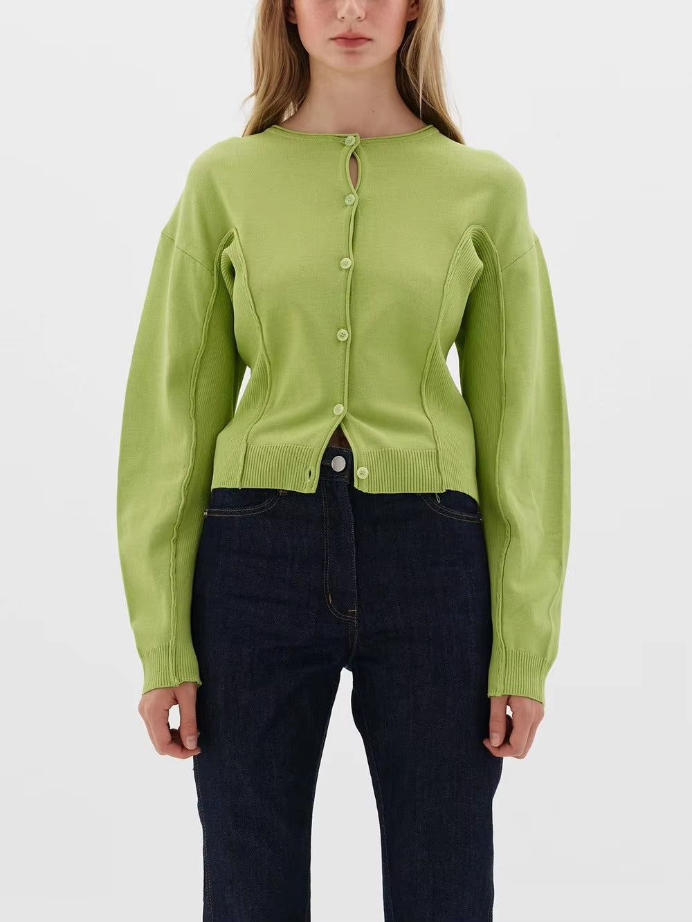 Casual Crew-Neck Single Breasted Long Sleeve Wool Knit Short Sweater