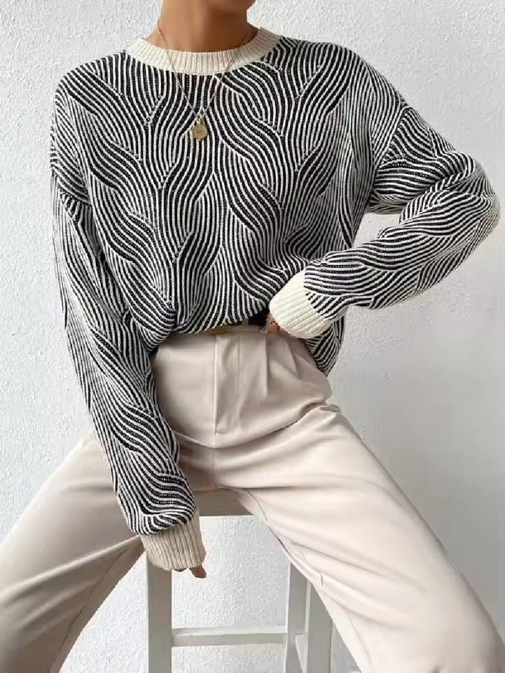 Casual Crewneck Long Sleeve Pullover Cable Knit Drop Shoulder Sweater