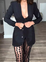 Casual Cut Out Blazer And Leaf Pattern Sheer Pants Two Piece Set