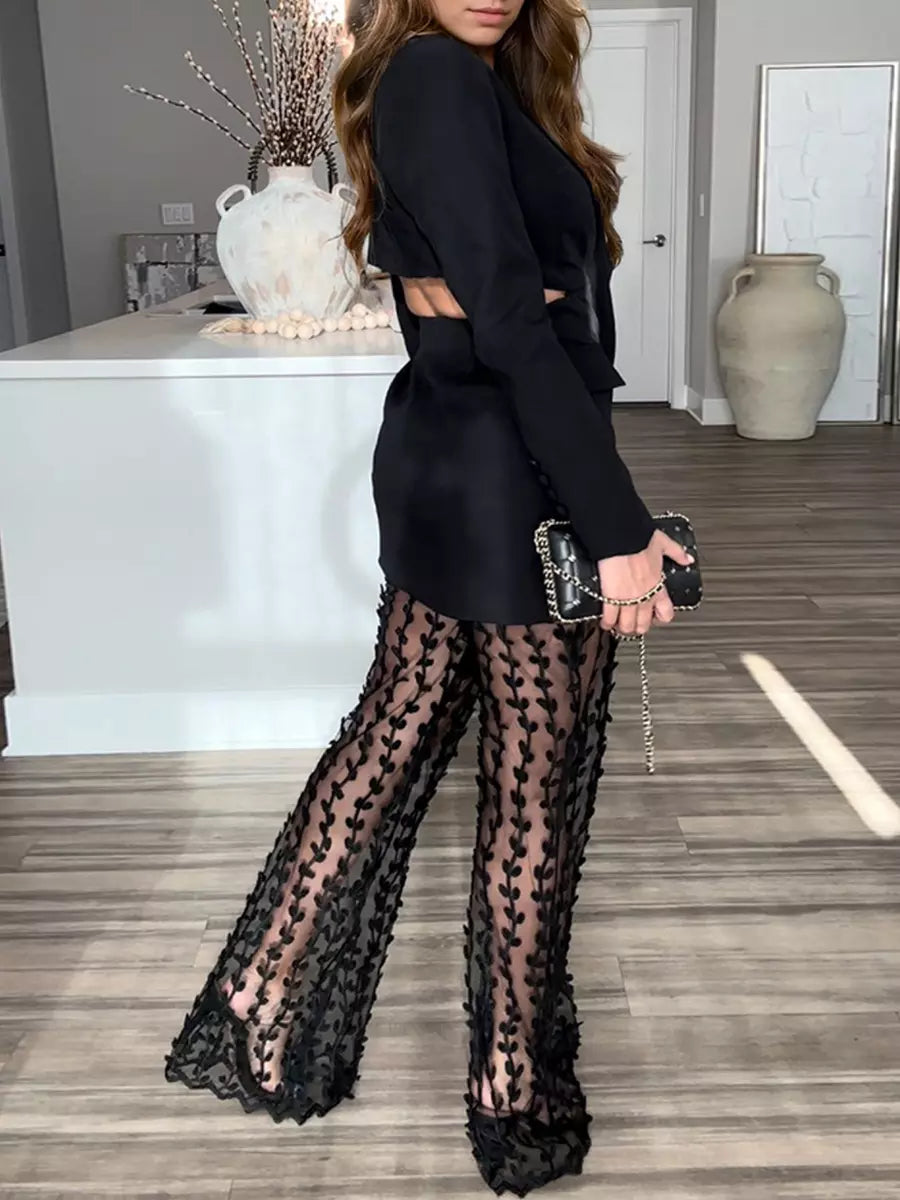 Casual Cut Out Blazer And Leaf Pattern Sheer Pants Two Piece Set