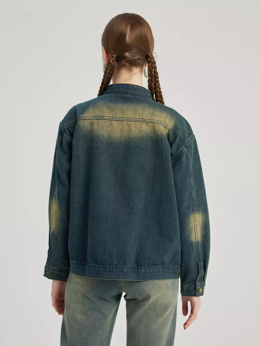 Casual Denim Round Neck Vintage Long Sleeve Denim Jacket