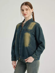 Casual Denim Round Neck Vintage Long Sleeve Denim Jacket