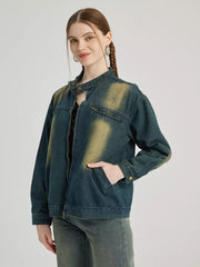 Casual Denim Round Neck Vintage Long Sleeve Denim Jacket
