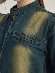 Casual Denim Round Neck Vintage Long Sleeve Denim Jacket
