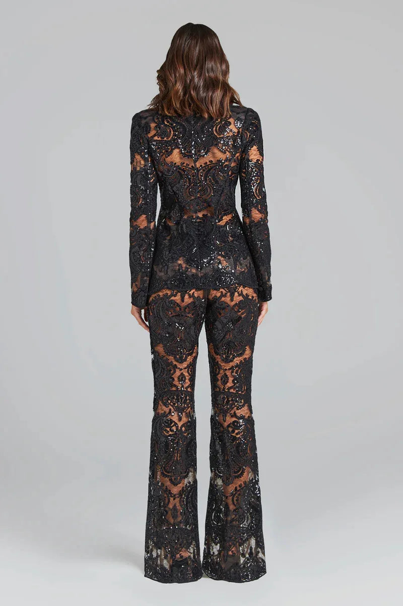Casual Designer Single Button Zipper Fly Lace Blazer Flare Suit Set