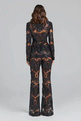 Casual Designer Single Button Zipper Fly Lace Blazer Flare Suit Set