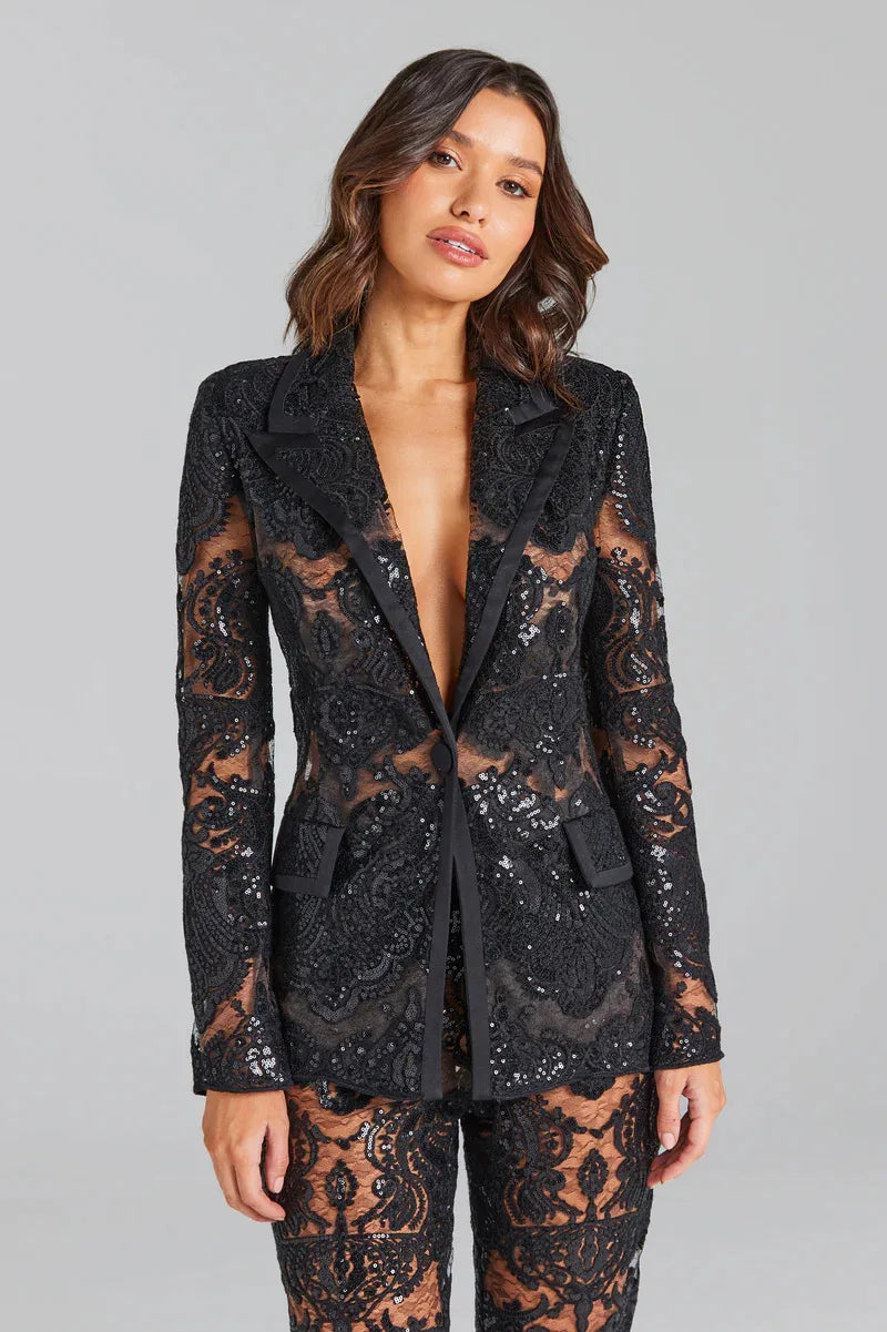 Casual Designer Single Button Zipper Fly Lace Blazer Flare Suit Set