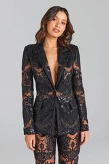 Casual Designer Single Button Zipper Fly Lace Blazer Flare Suit Set