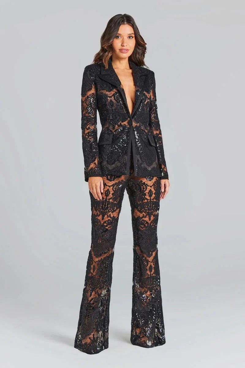 Casual Designer Single Button Zipper Fly Lace Blazer Flare Suit Set