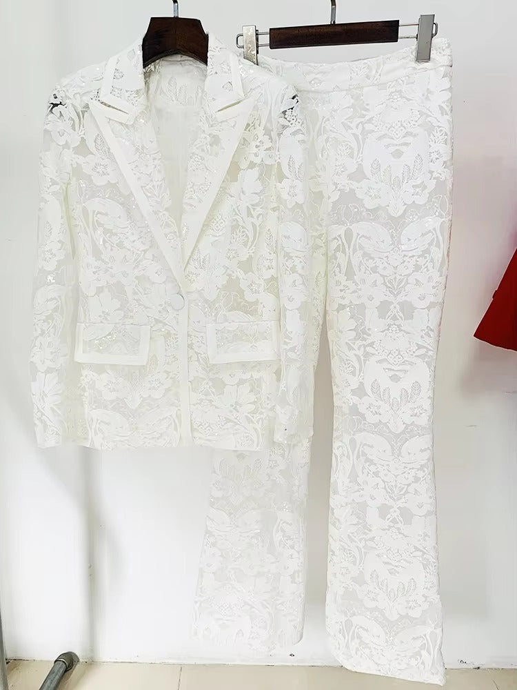 Casual Designer Single Button Zipper Fly Lace Blazer Flare Suit Set