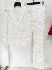 Casual Designer Single Button Zipper Fly Lace Blazer Flare Suit Set